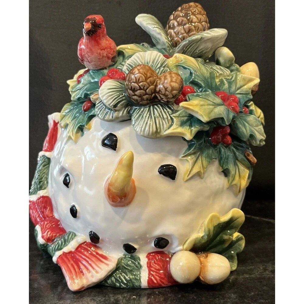 CHRISTOPHER RADKO ROUND SNOWMAN CARDINAL COOKIE JAR CHRISTMAS NEW 10 IN X 9IN